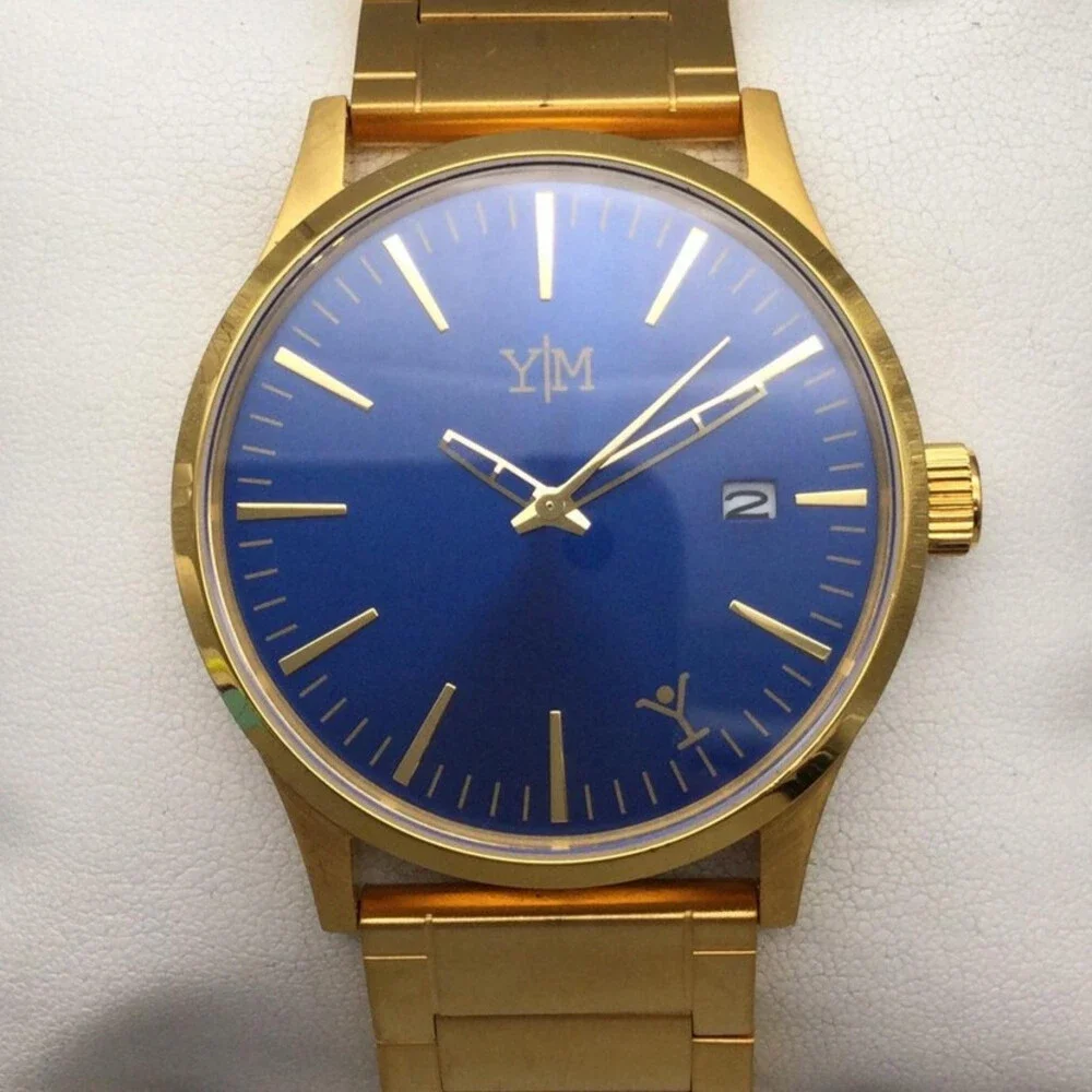 YesMan Shot Caller Mens Watch 45mm Gold Tone Blue Dial Bracelet Date 8.75